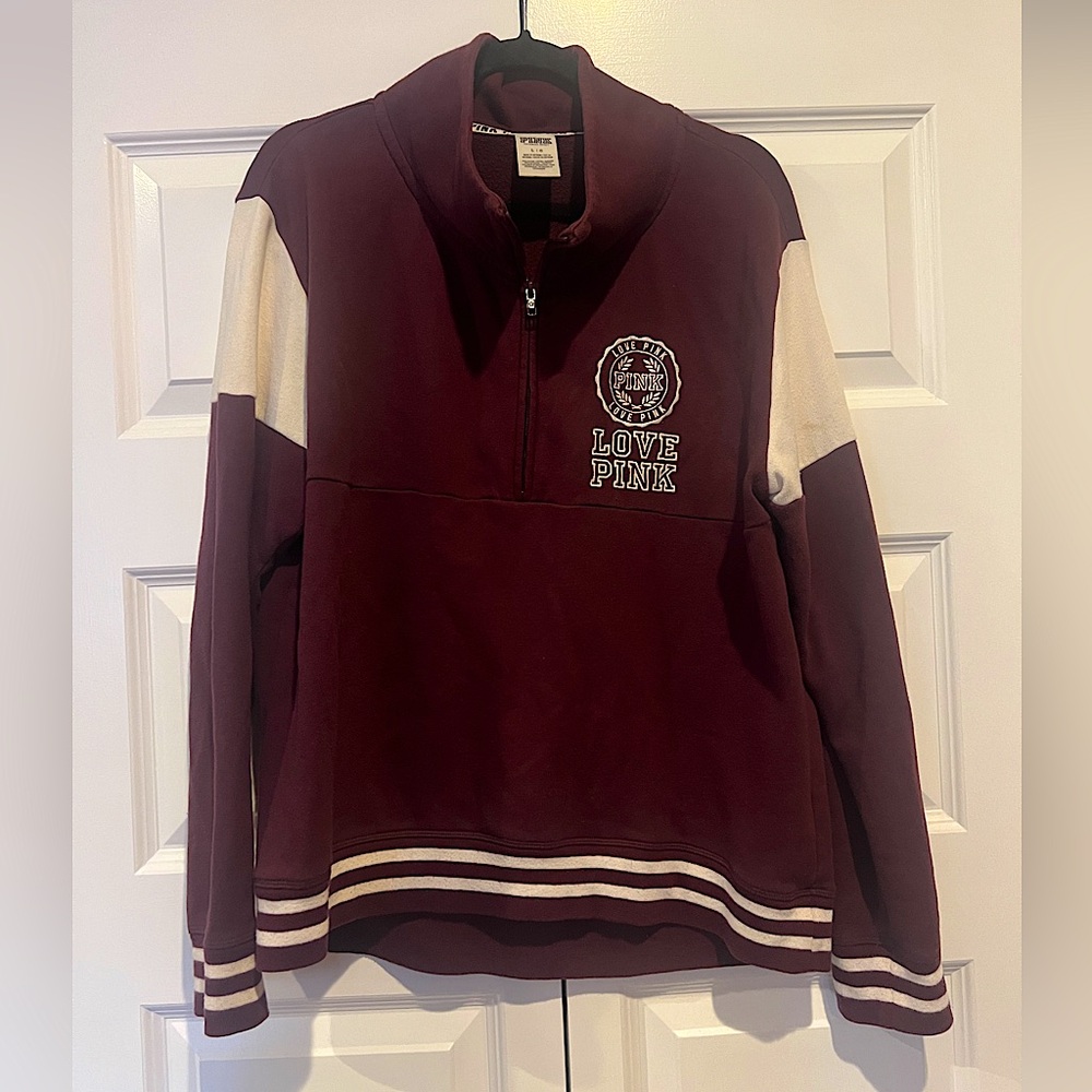 PINK Victoria's Secret Love Pink Maroon and White Zip-Up Sweatshirt